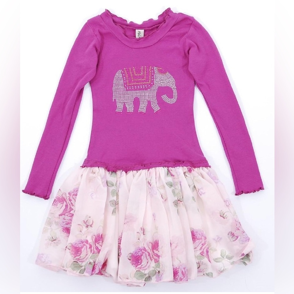 Mignone Girls' Long Sleeve Dress Elephant Magenta Size 8